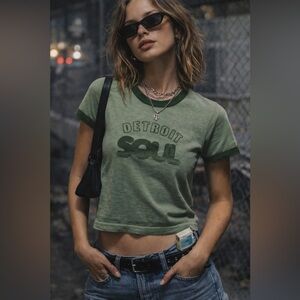 Y2K Detroit Ringer Tee Vintage Green Baby Tee Made in USA 90s Graphic